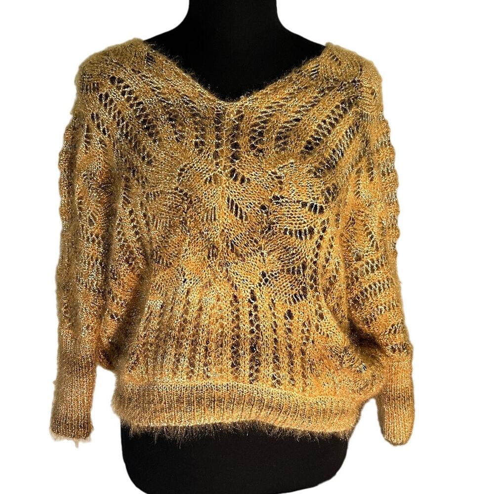 Cellabie Mustard Yellow Open Knit Cropped Sweater One Size Boho Festival Y2K - Picture 4 of 11